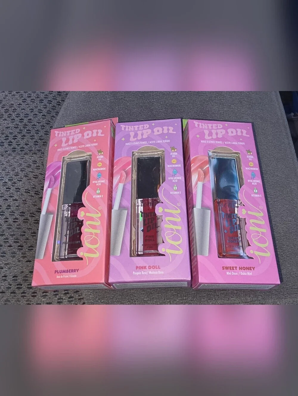 Ioni Tinted Lip Oils — Pink Doll, Sweet Honey & Plumberry 0.12oz BNIB